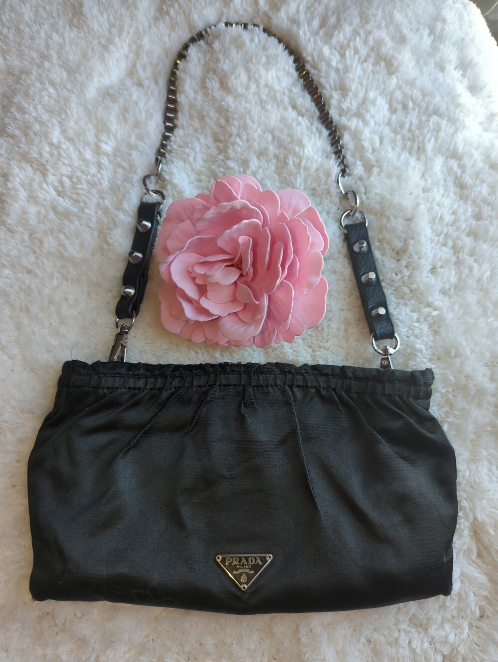 Prada Black Satin Pouch Authentic Converted To Shoulder Bag Edgy Silver Chain